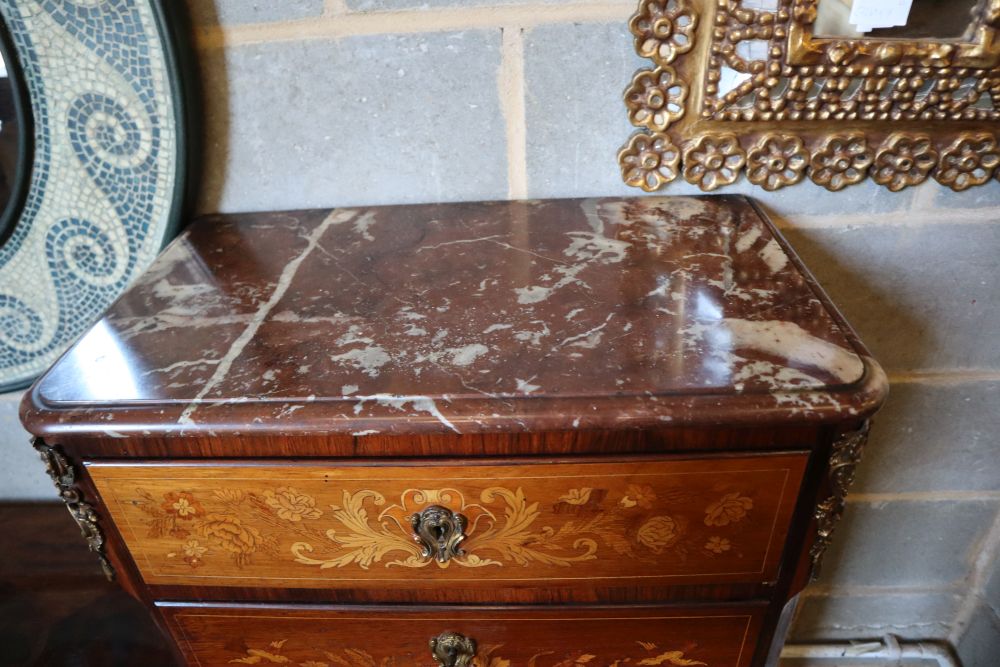 An early 20th century French marquetry inlaid rosewood secretaire chest with marble top, width 64cm, depth 37cm, height 142cm